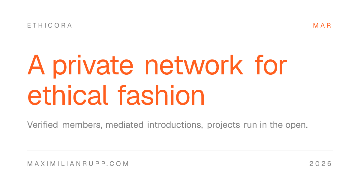Ethicora, a private invitation based network for ethical fashion with mediated introductions and project collaboration