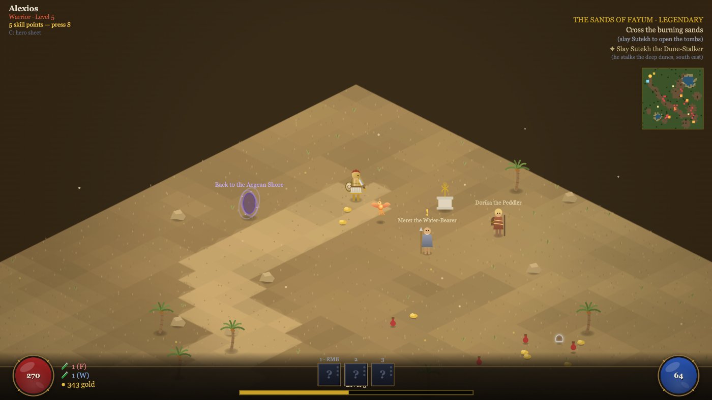 A hero and their phoenix companion in the Sands of Fayum, a desert realm with palms and a portal